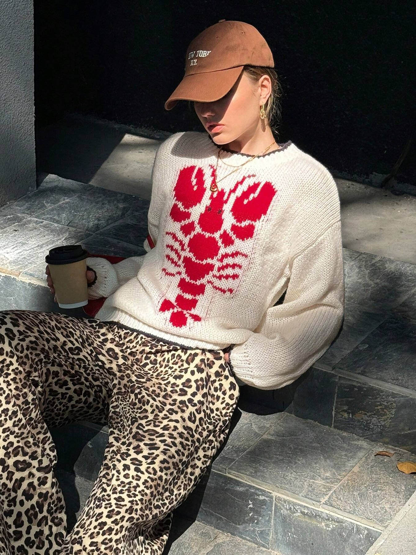 New2025Women's Cartoon Lobster Print Drop Shoulder Sweater, Casual Long Sleeve Round Neck Jumper for Fall & Winter, Fashion Ladies' Knitwear for Daily Wear, Longsleeves Tops for Women, Womenswear(Gift)11
