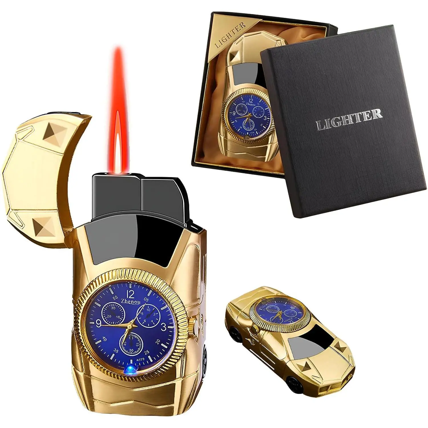 Lighter, ports Car-Butane Lighter, Windproof Lighter with Cool, Jet Lighter, Refillable Butane for Indoor(Gold-A)