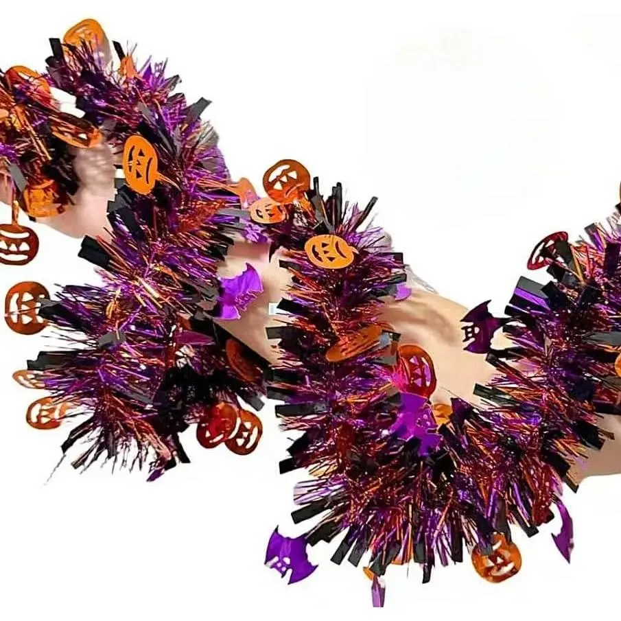 JXITON 33FT Halloween Tinsel Garland Pumpkin Bat Metallic  Twisted Garland for Halloween Party  Decoration,Orange and Black