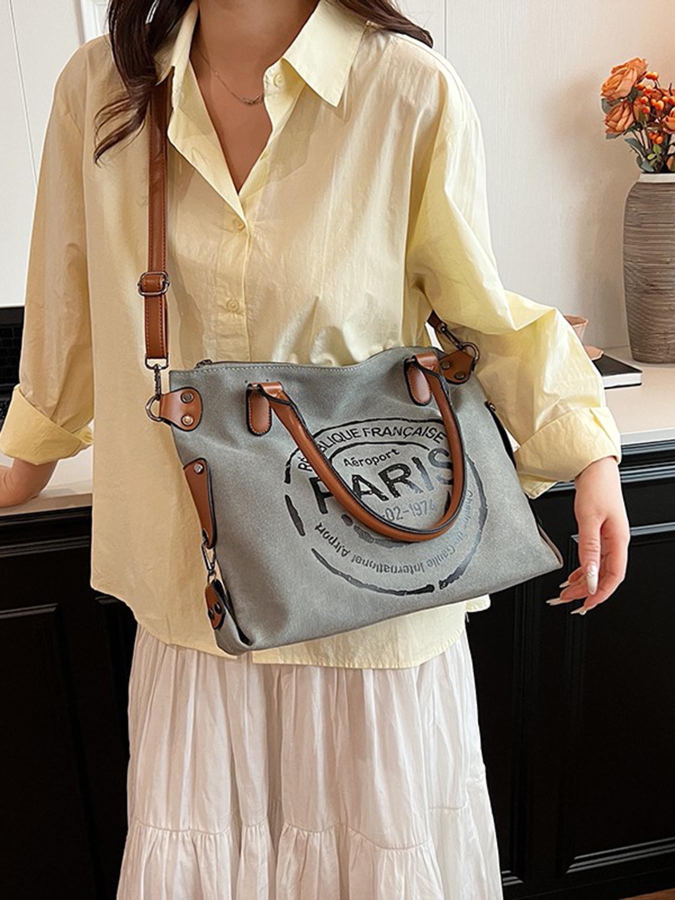 Women's Fashionable Letters Pattern Tote Bag, Large Capacity Crossbody Bag, Casual Versatile Vintage All-match Shoulder Bag for Daily Life, Fashionable Patterned Bag