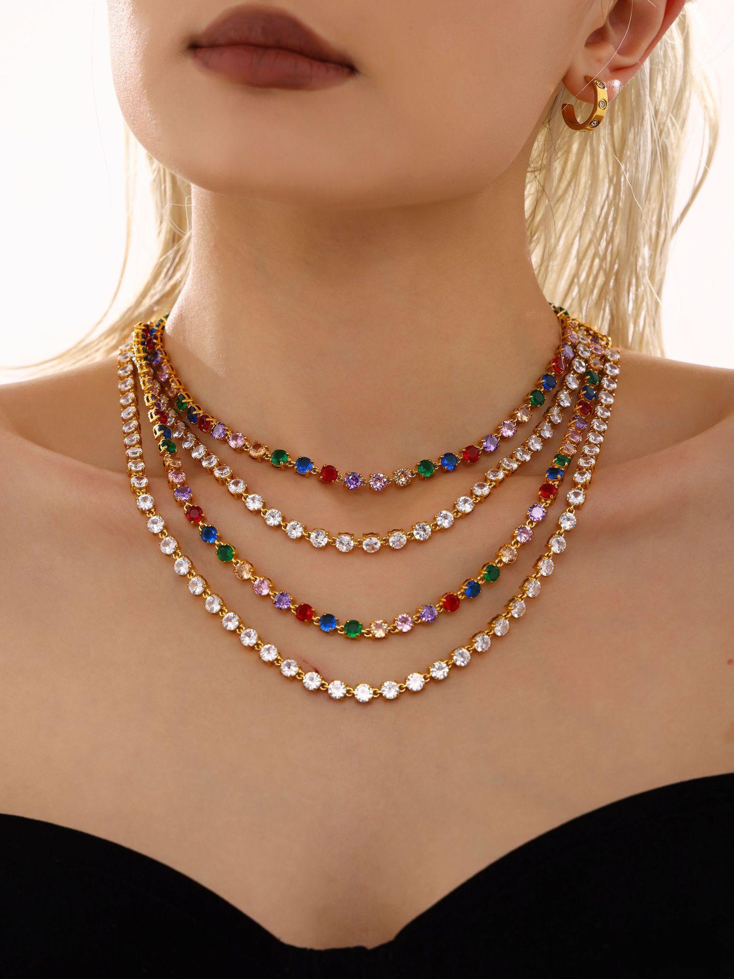 Handmade Prong Setting 5mm Colorful Zircon Shiny Bracelet & Necklace Set, 18K Gold Plated Luxury Jewelry