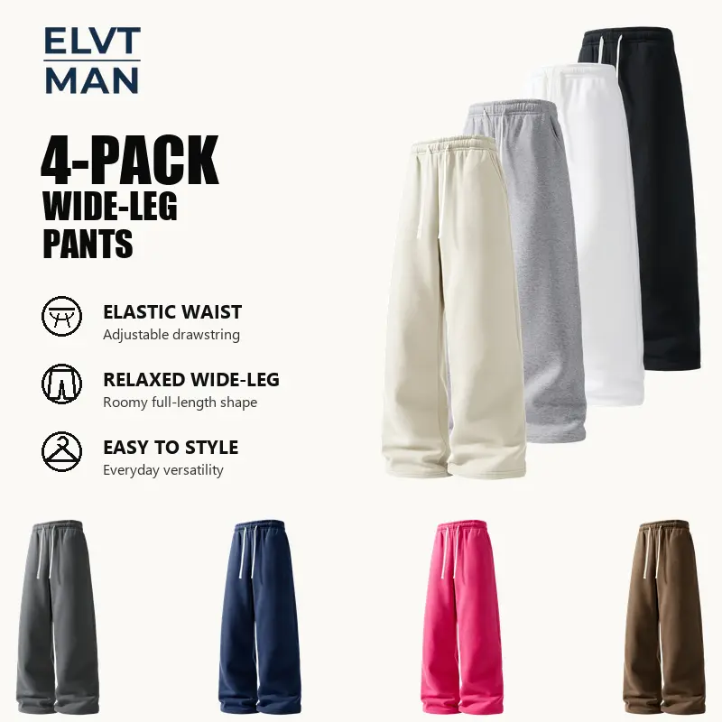 4-Pack Men's Relaxed Wide Leg Sweatpants Set, Assorted Solid Color Drawstring Elastic Waist Loose Fit Straight Leg Casual Lounge Pants with Side Pockets for Home, Errands and Weekend Style