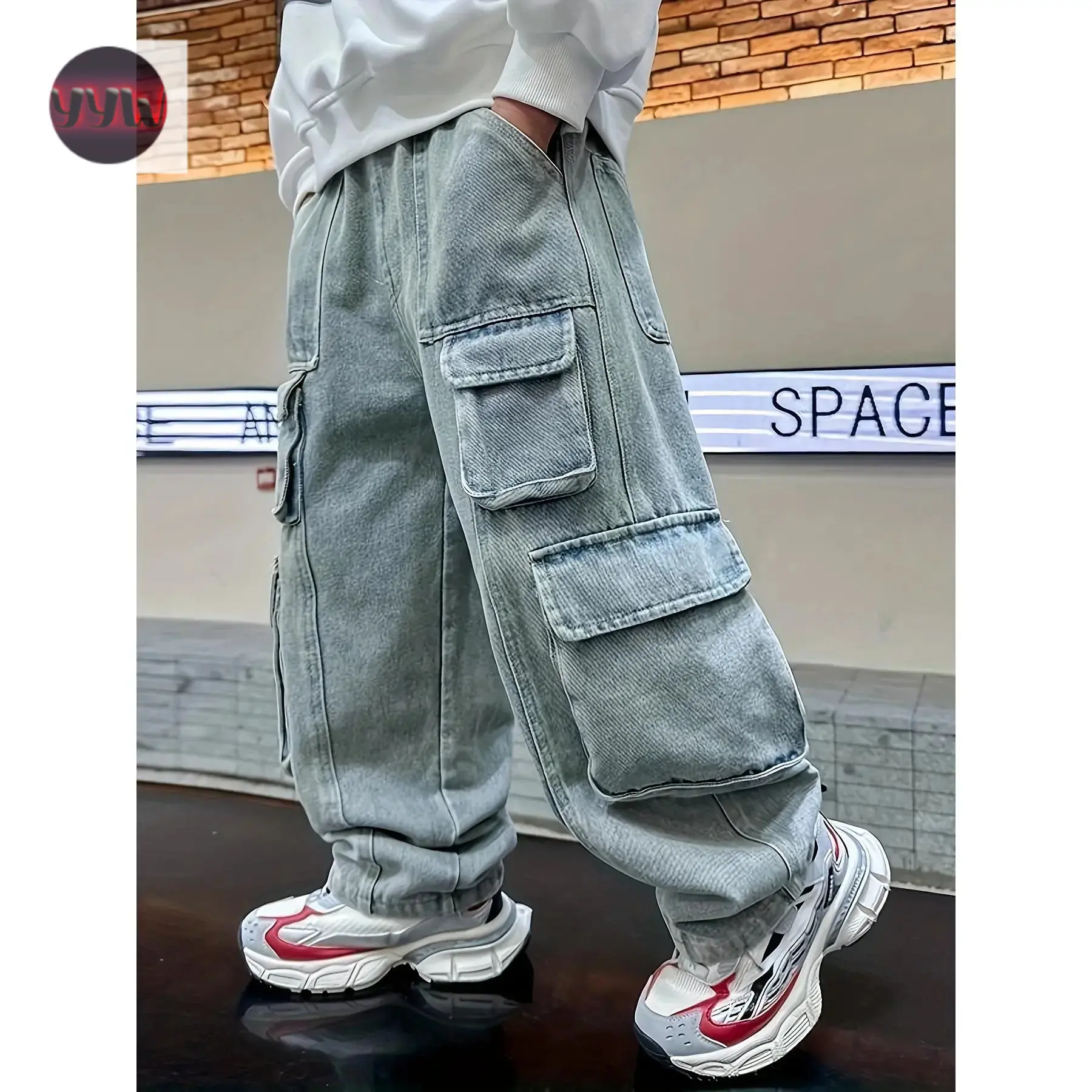 YYW1 Boys' New Cotton Casual Fashion Jeans - 8-Flap Pocket Loose Bottoms Kids, Flap Pocket Jeans, Classic Solid Pants, Cotton Jeans, Loose Fit Jeans