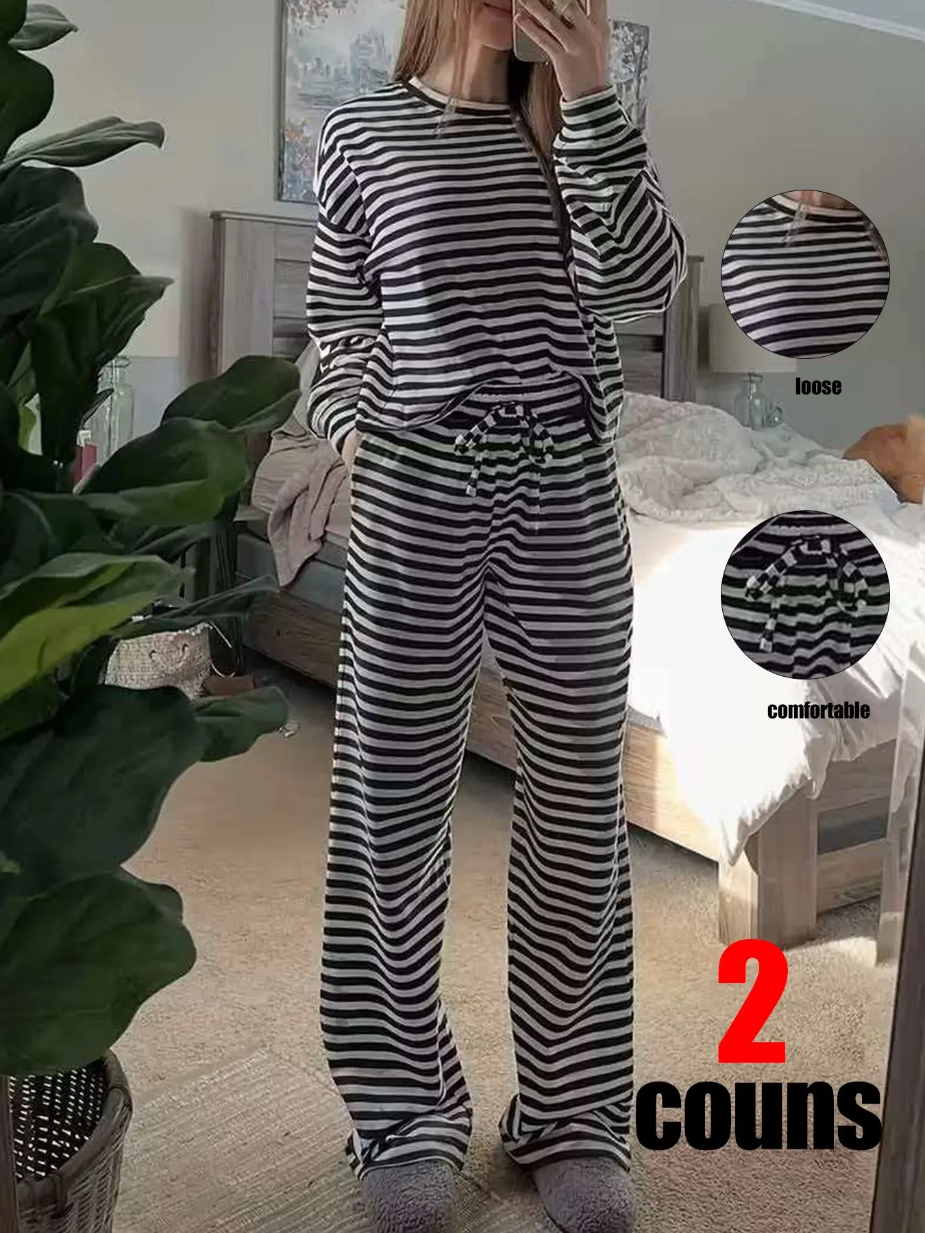 2pcs Set Women's Autumn All-Season Pajamas, Fashion Casual Striped Print, Long Sleeve Long Pants, Loose-Fitting Loungewear Home Wear Set