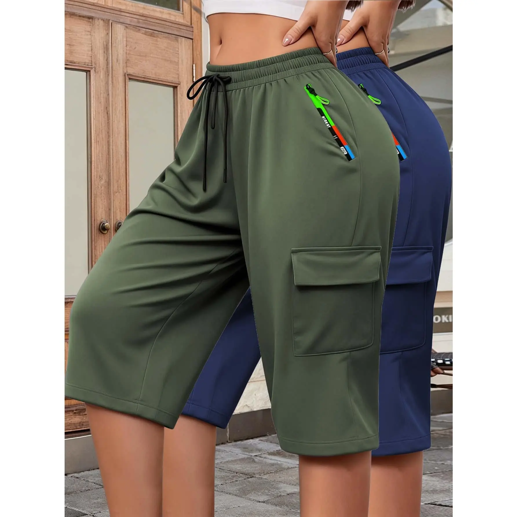 2PCS Women Breathable Thin Seven-Point Utility Pants, Adjustable Pull Cord Waist Dual Side Pockets With Bright Zipper, Relaxed Fit Summer Outdoor Bottoms