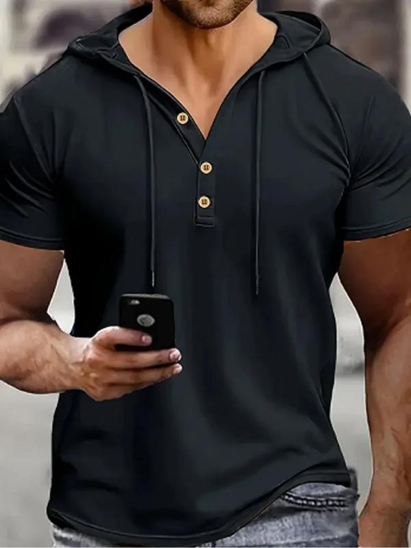 Kyn Apparel Men's Henry Shirt Solid Color Casual Short Sleeve Hooded Polo Shirts Summer Fashion Breathable T-shirt Streetwear Men Clothing