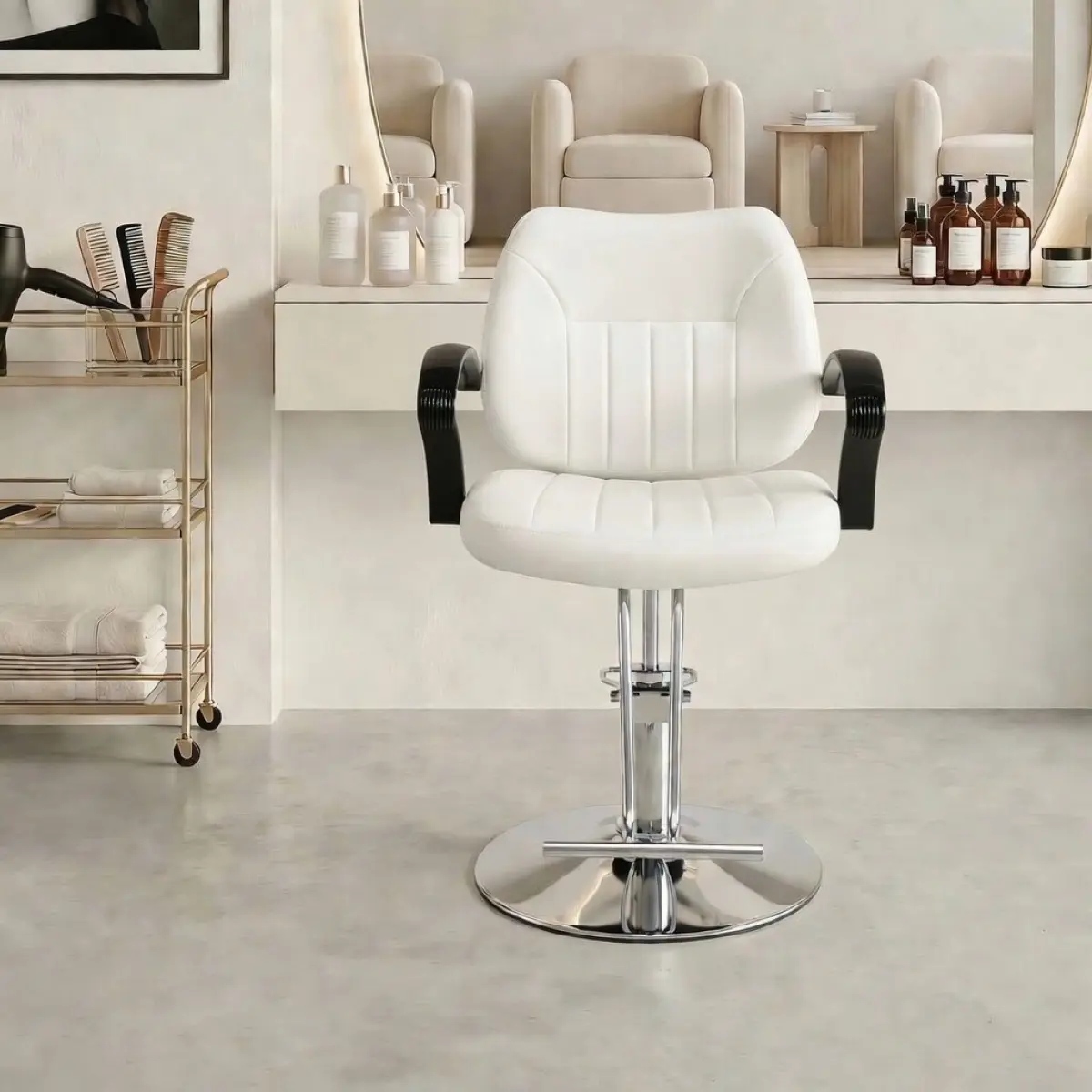 Salon Chair for Hair Stylist, 360° Swivel Portable Salon Chair for Hair Stylist, Barber Chairs with Footrest & Chrome Base, Heavy Duty Hairdresser Chair for Home Barbershop, Adjustable Height (White)