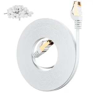 7 Flat Outdoor Ethernet Cable 25Ft White, High-Speed Shielded Internet Network Cable, S/FTP POE 10Gbps 600MHZ Thin Cat 6E 6A Patch LAN Cord, LLDPE Direct Burial for Fast Gaming with Clips