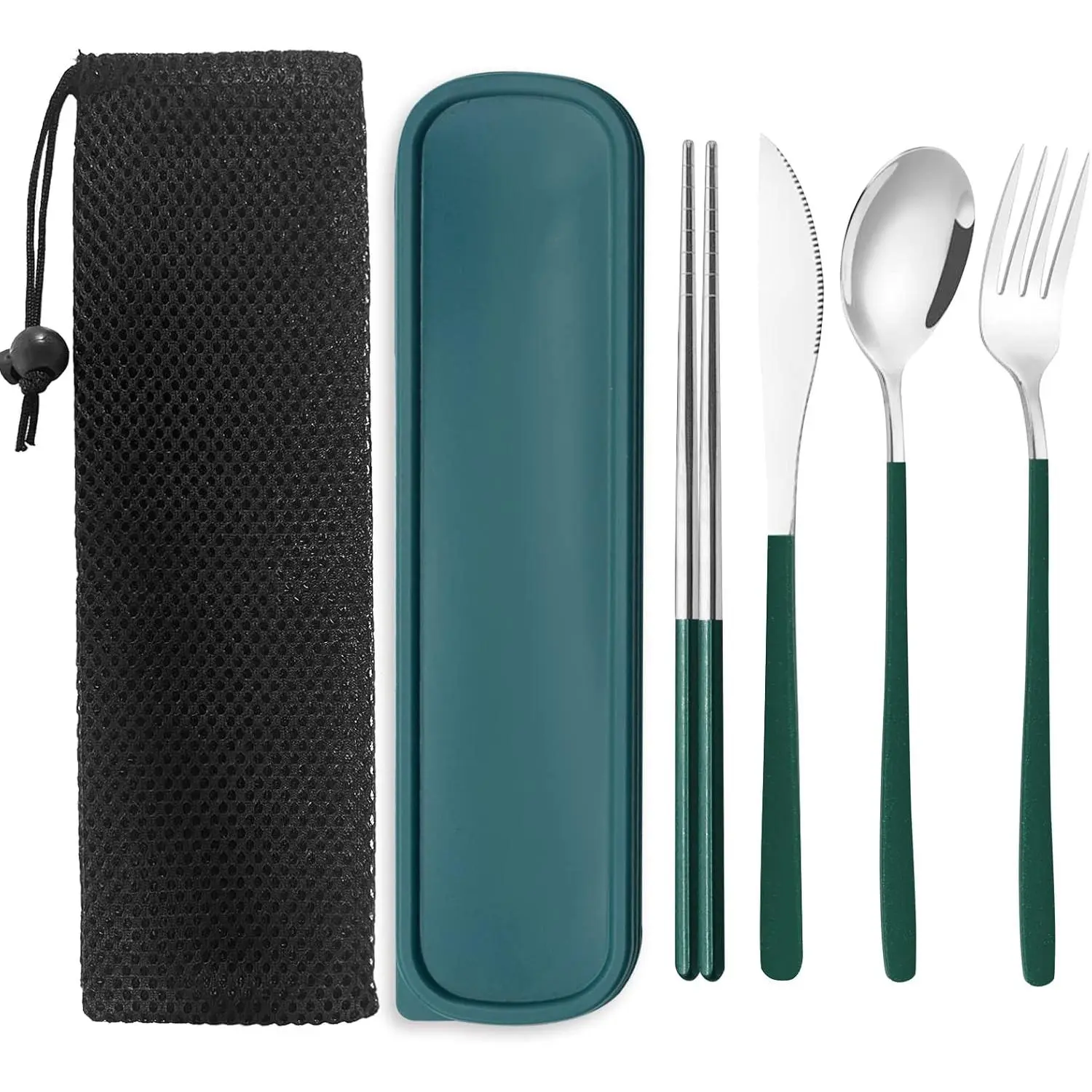 Portable Travel Camping Cutlery Set,   Green  Flatware Silverware, Stainless Steel Cutlery Set, Portable Chopsticks  Spoons Forks Set for Camping Picnic Lunch Daily Use