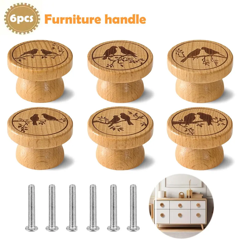 6pcs Unique Design handmade beech Wooden Furniture Handles, Art Boho style with Engraved Cute birds Series, Perfect for kitchen cabinets pulls, dresser drawers knobs, Wooden Single Hole Drawer Knobs Decoration Furniture Handle