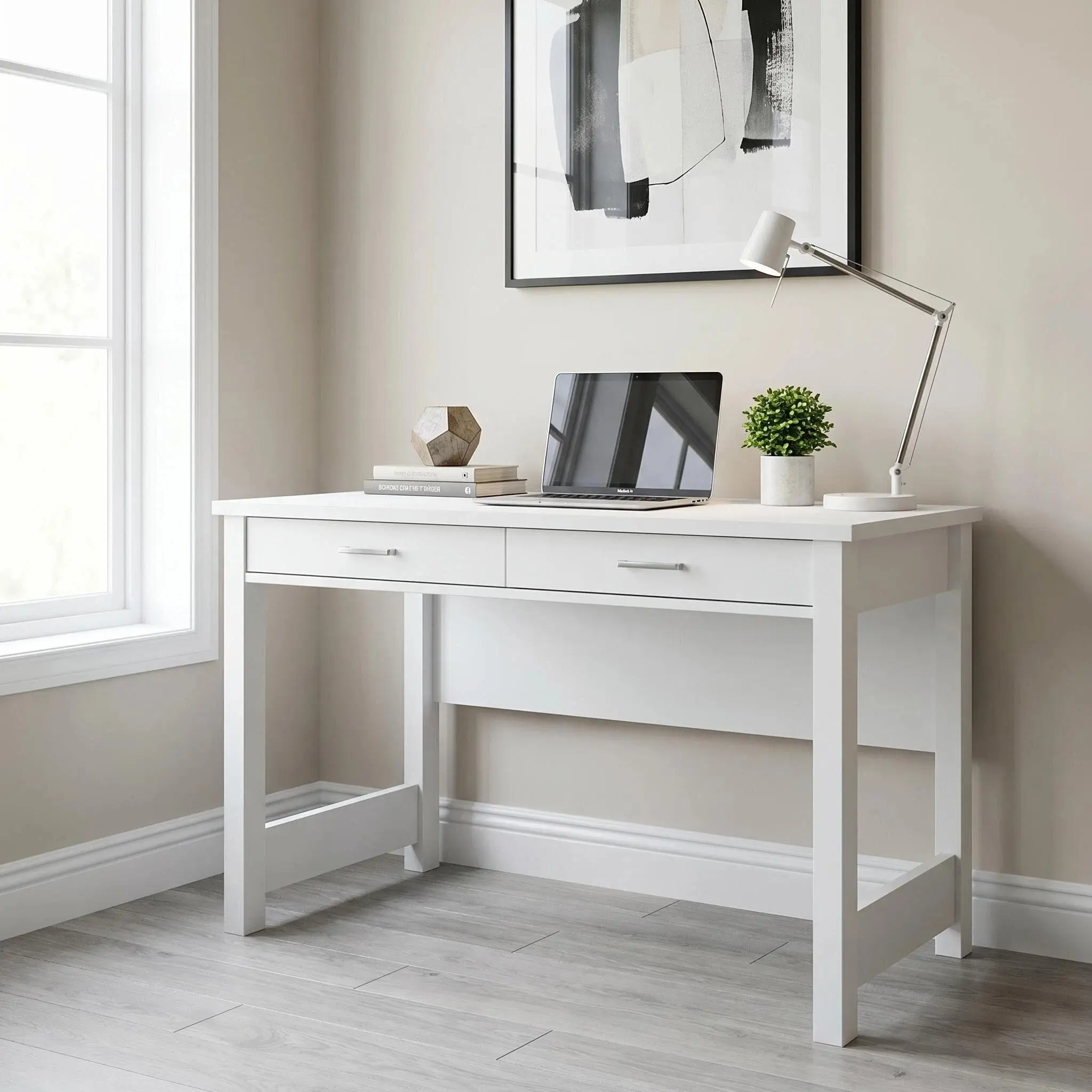 ARCH High Gloss White Computer Desk with Drawers, 47.24x23.62x29.92 Inch Writing Desk, Engineered Wood Study Table, Thick Reinforced Tabletop, Solid Support Legs, Silver Pull Handles, for Home Office Bedroom, Glossy White Color Options