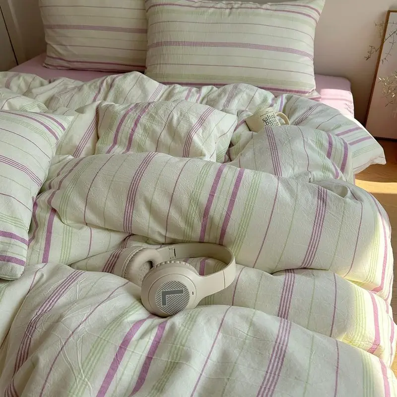 Green Purple Retro Striped Duvet Cover Set Queen Size, 100% Washed Cotton 3-Piece Bedding Set, Soft Breathable Vintage Vertical Stripe Comforter Cover, Cottagecore Bedroom Bedding