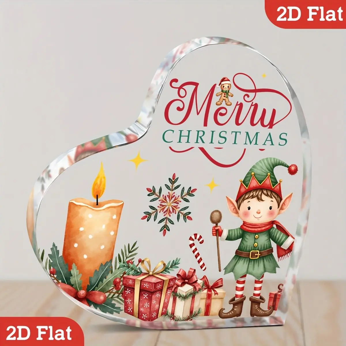 Christmas Theme Decorative Sign, Merry Christmas Print with Cute Elves, Candle Gift Box Design, Heart-Shaped Desktop Ornament