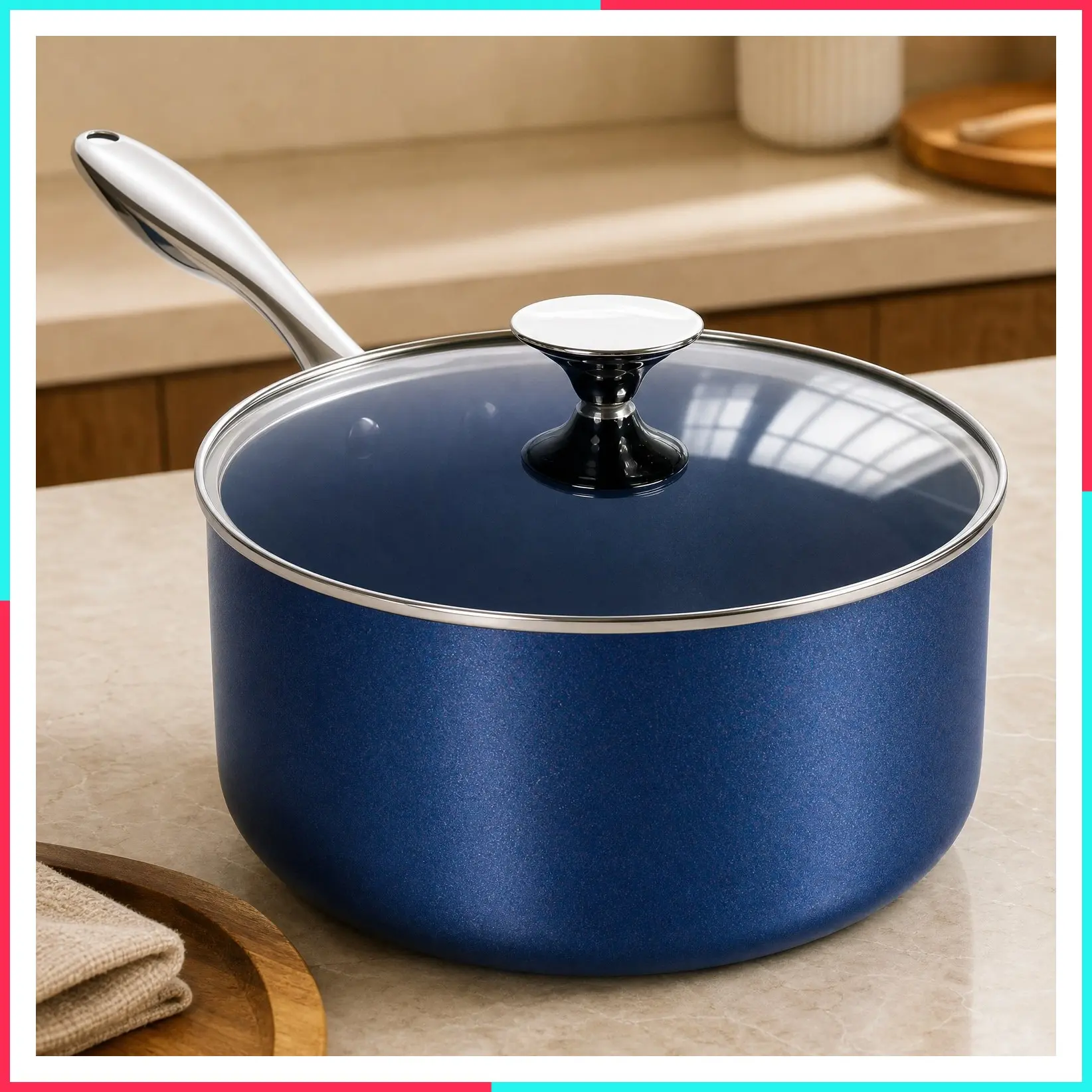 4 Quart Ceramic Nonstick Saucepan with Lid, Stainless Steel Handle, Induction Compatible, Oven Safe, Blue