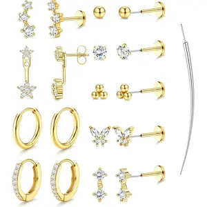 MILACOLATO Threadless Flat Back Earrings Hypoallergenic - 9 Pairs 316L Surgical Steel Push in CZ Studs & Hoops Set for Women Men 14K Plated Gold Cartilage Tragus Helix Nose Piercing Jewelry 16G 18G