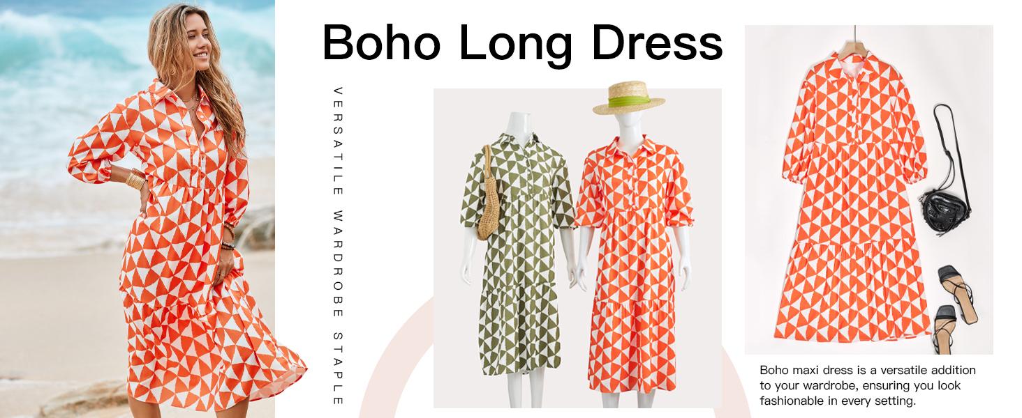 FMEYOA Womens Summer Boho Midi Dress Long Sleeve Casual Color Block Floral Beach Button Down Shirt Dress