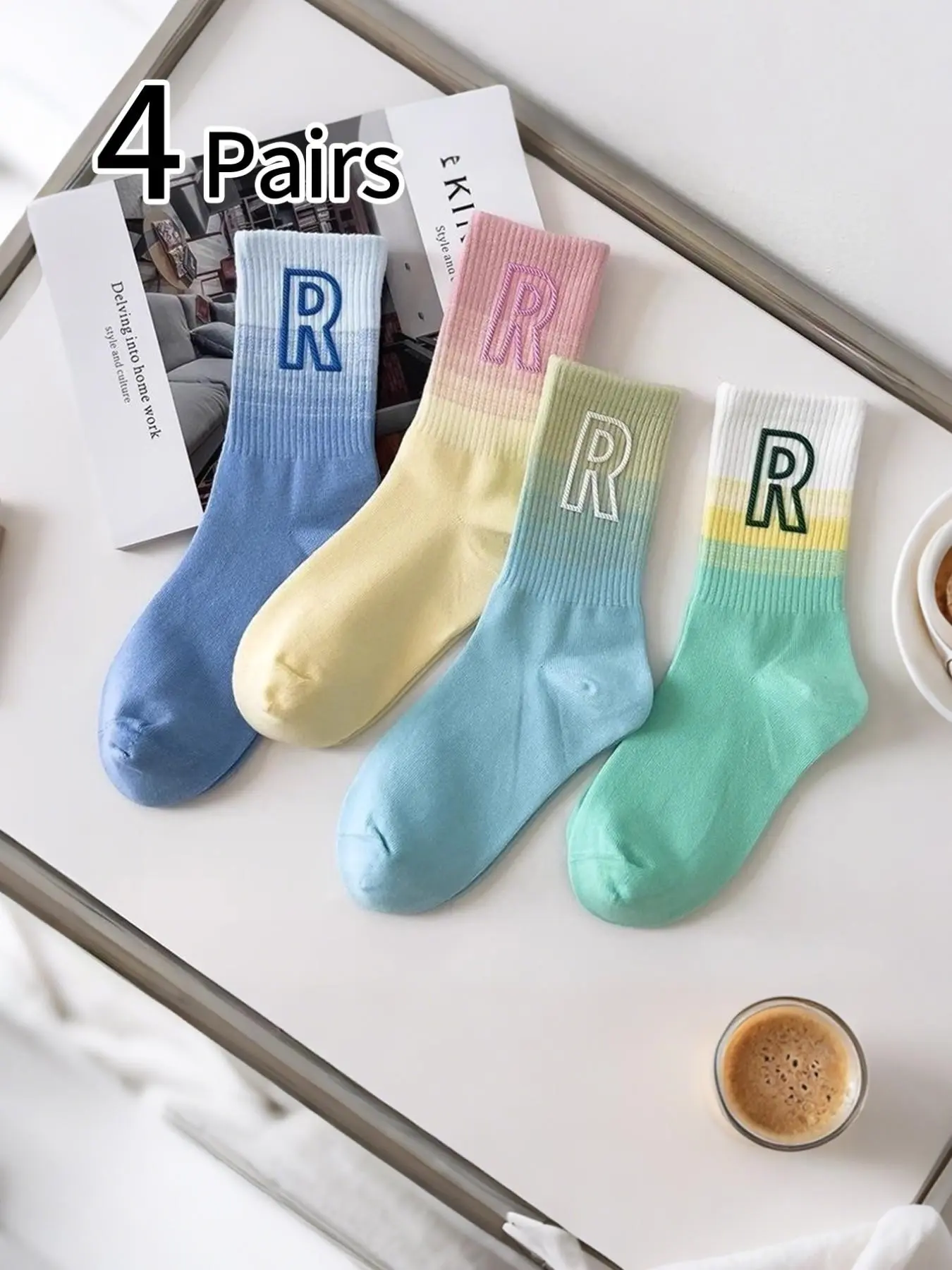 4 Pairs Women's Gradient Tie-Dye Crew Socks, Casual Fitted Ankle Socks, Breathable & Sweat-Absorbent, All-Season Fashion