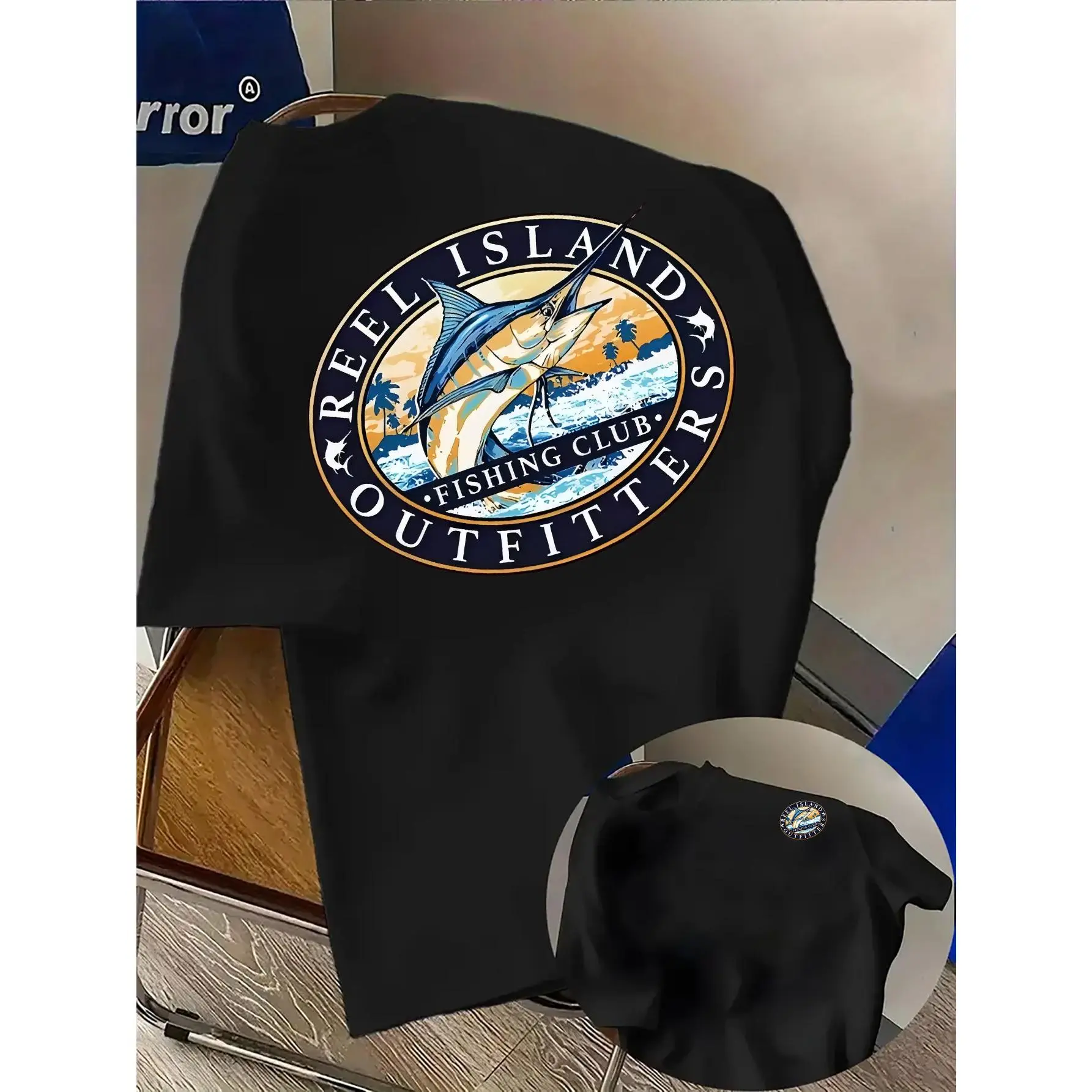 Men's Casual Double-Sided Printed T-Shirt- Blue Marlin Lettering Design- Lightweight and Breathable Fabric, Suitable for Casual Attire and Vacations, , Casual Top, Street Style, Comfortable Fit, Summer Travel Essential, Urban Style