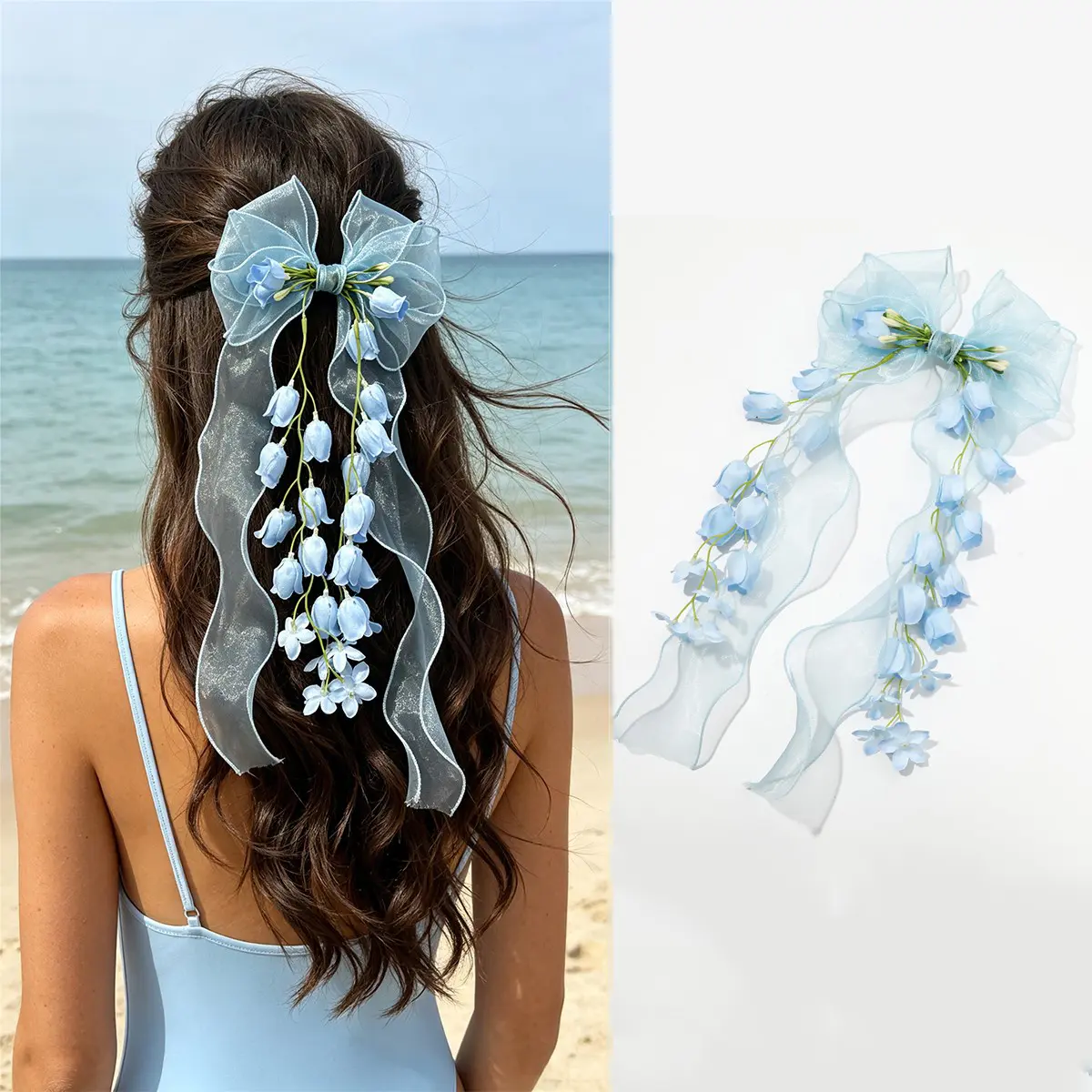 AWAYTR Fairy Mesh-Organza Fabric Flower Hair Clips, Tulip-Flower Bows with Tassels, Fairylike Bluebell Hair Accessories for Women, Ideal for Parties Weddings