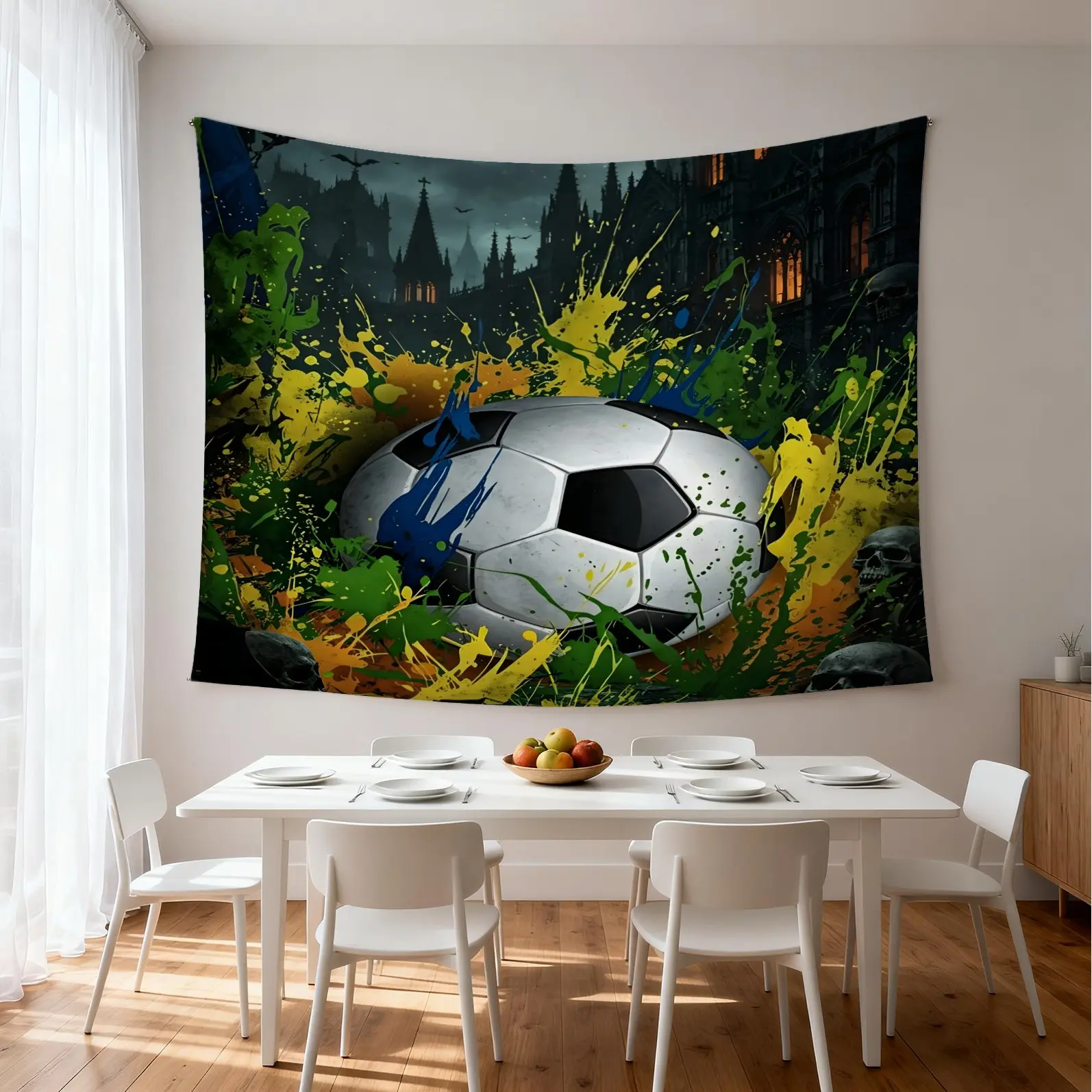 Hand Drawn Graffiti Soccer Wall Tapestry, Ultra Soft Microfiber, Machine Washable, Decor Hide Breaker Box Clutter, Unique Home Decor, Housewarming Birthday Xmas Gift