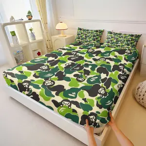 Cartoon Monkey Head Green Camo Abstract Pattern 3‑Piece Fitted Sheet Set, No Filling Included, Deep Pocket Bedding Set, for Street Fashion Content Studio, Trendy Lifestyle Influencer Room, Green Camo Cartoon Cozy Nook