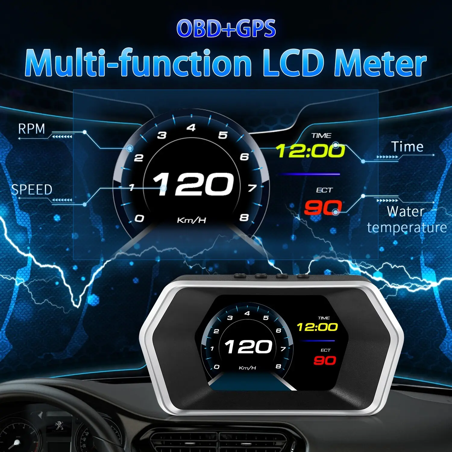 P17 Hud Head-Up Display, Obd2 Multi-Function Dashboard, Obd2+GPS Dual System, GPS Speedometer Thermometer Tachometer, Suitable for Various Vehicles
