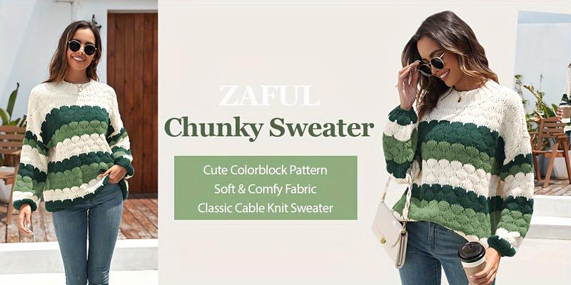 Zaful Ladies new round neck long sleeve striped color matching loose knit pullover