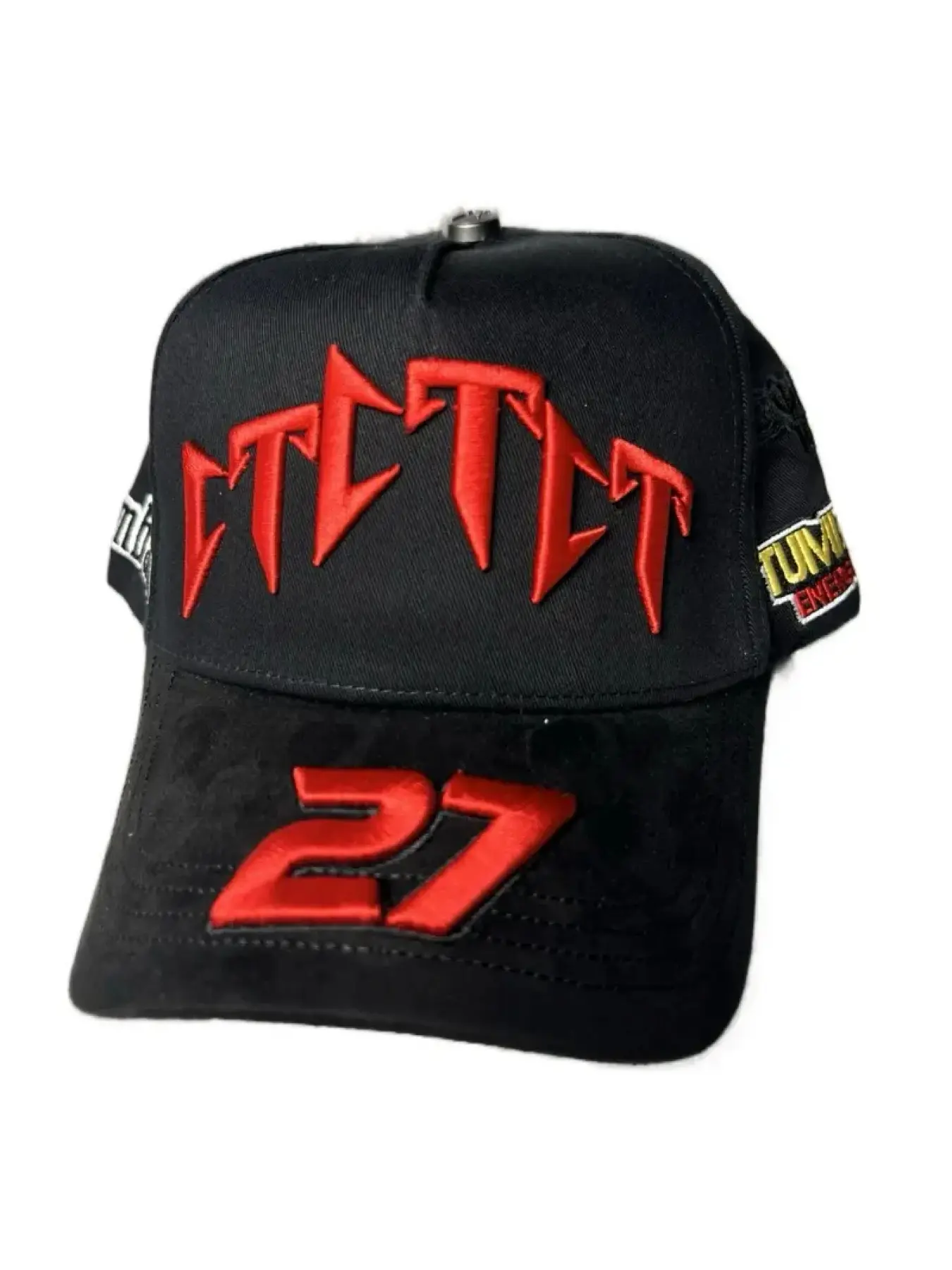 Barbas X Corridos Tumbados Embroidered Fitted Cap, Black with Red, Yellow and White Embroidery, Design 27