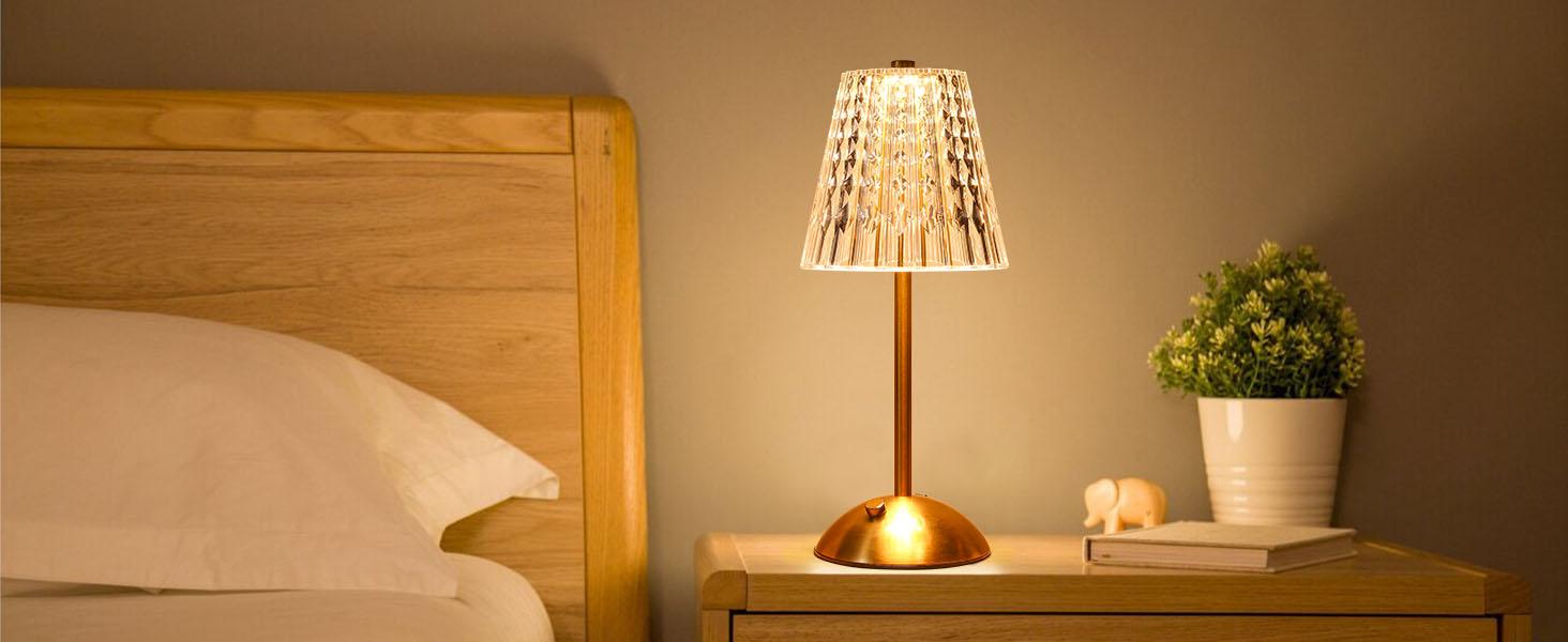 Cordless lamp,Dimmable Crystal Table Lamp 3 Colors LED Gold Lamp,Touch Lamp Diamond Crystal Lamp, Rechargeable Small Lamp, Wireless Lamp Vintage Lamp for Bedroom Living Room Bathroom Hotel Bar