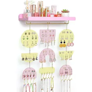 Wall Mounted  Organizer,  Earring Holder with  Shelf & Necklace Hooks,  Pegboard Earring Display Rack for 100+ Pairs Studs, Hoops & Dangles, Decorative Storage,