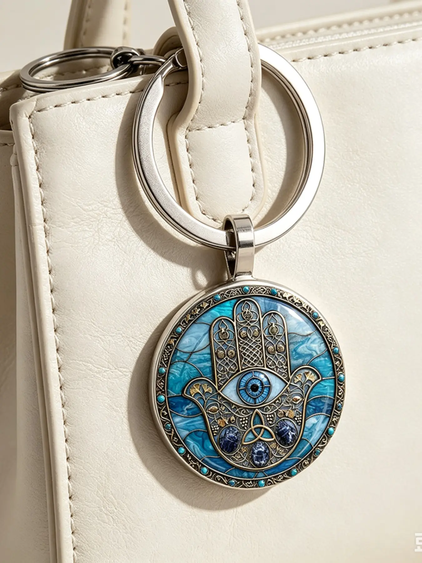 Boho Hamsa Hand Evil Eye Keychain, Vintage Blue Key Ring, Mystical Spiritual Bag Charm, Protective Amulet, 2D Flat Design