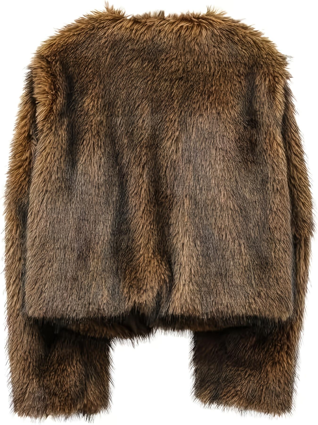 Women's Short Faux Fur Jacket - Brown Winter Coat with Pockets, Collar & Single-Breasted Closure, Hand Washable Synthetic Outerwear for Casual & Business, Short-Length Warm Coat - Fall/Winter Blazer