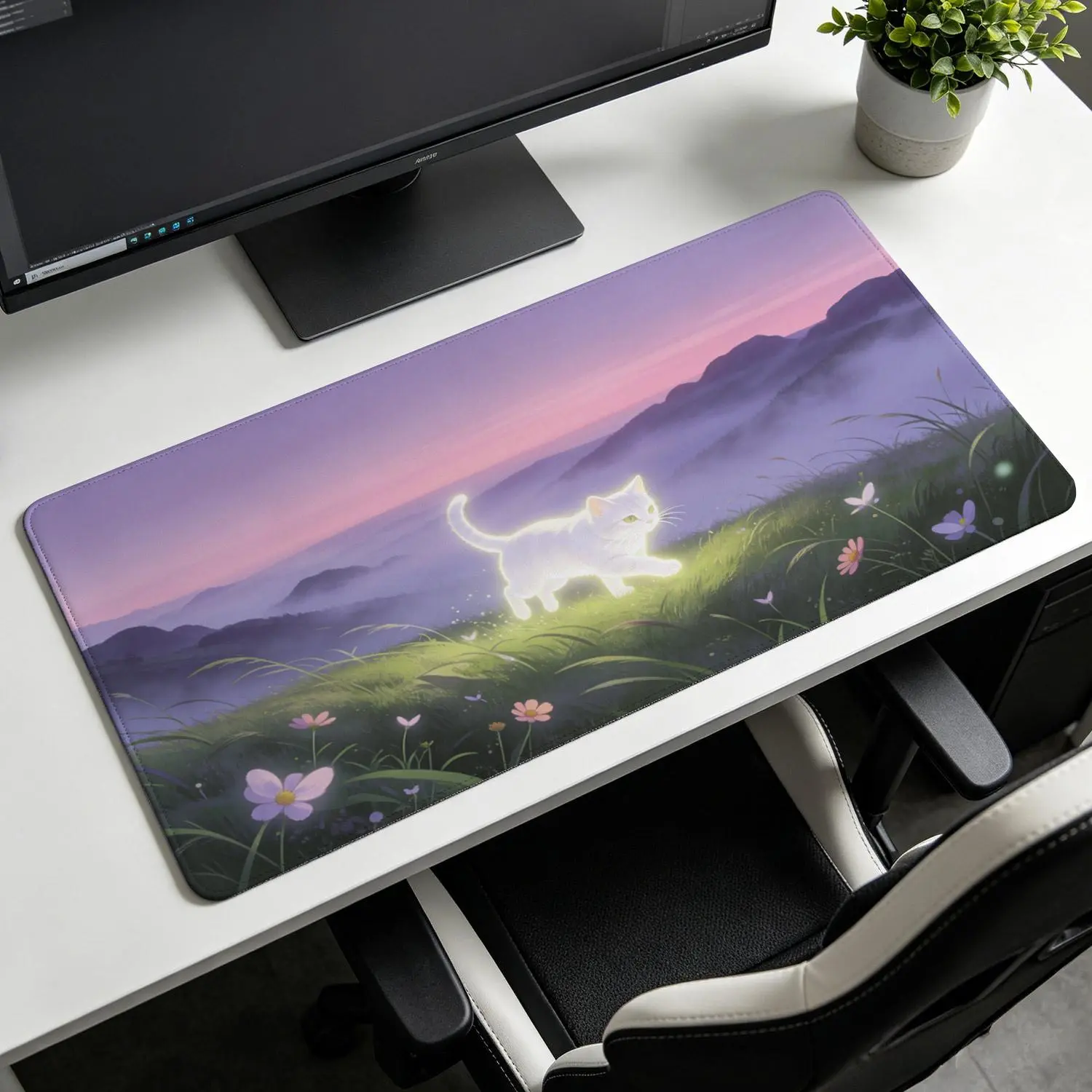 Extra Large Solid Rectangular Glowing White Cat Fantasy Mountain Meadow Mouse Pad - 31.5*11.8 inches(80x30cm), Non-Slip Rubber Base, Lock Edge, Multi Sizes, Washable, Desktop Protector, Premium Precision Pad for Gamers, Gift Option