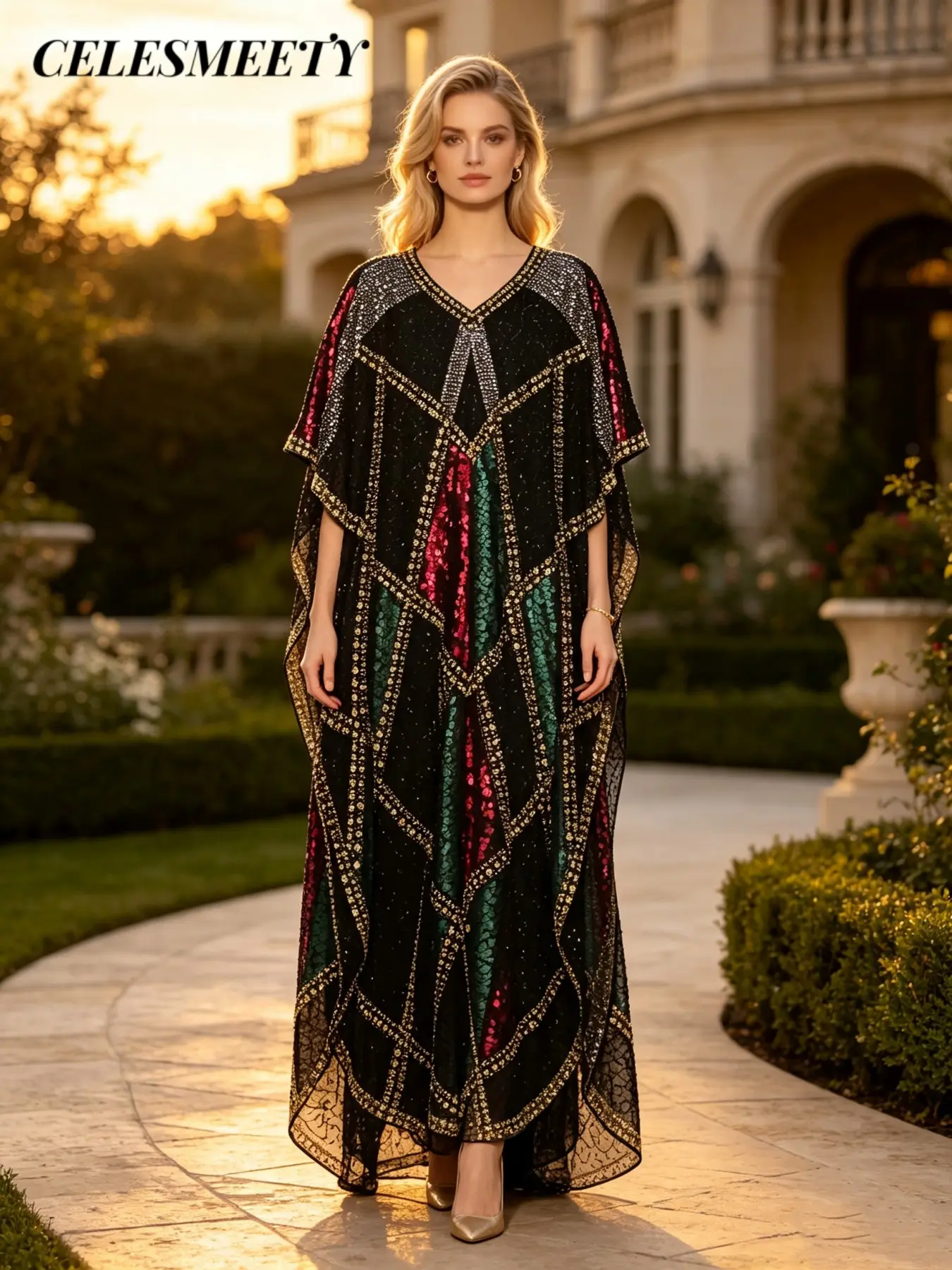 Celesmeety Women's Elegant Muslim Abaya Dress, Batwing Sleeve, Luxurious Long Dress, Perfect for Weddings and Parties, Two-Piece Set with Inner Layer, Muslim Arabic Abaya