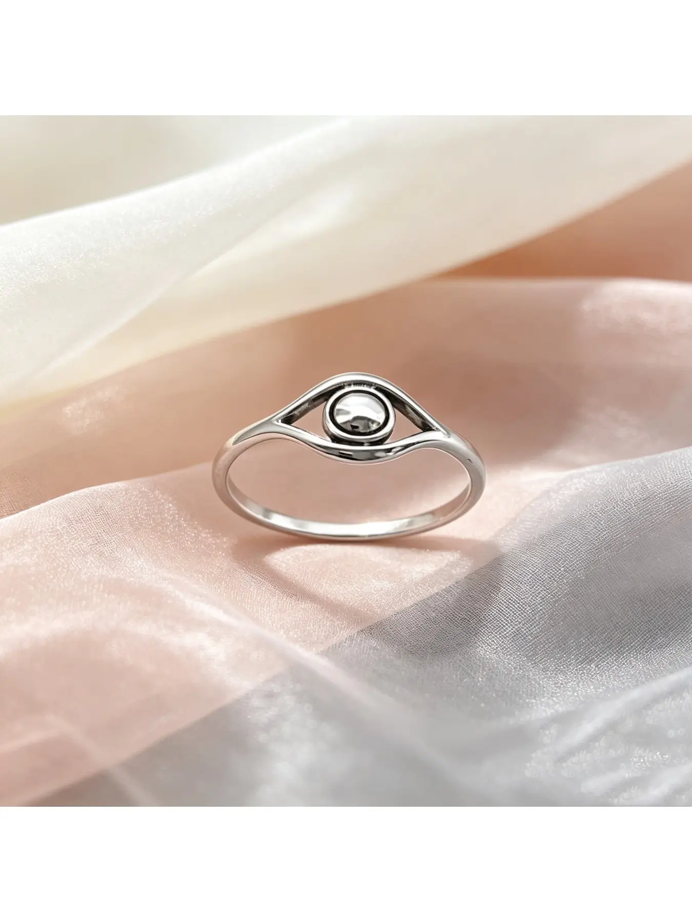 Minimal Hollow Evil Eye Beaded Thin Silver Cool Tone Women Halo Ring, Dainty Engagement Ring, Band Rings, Special Valentine Gift, Subtle Party Ring, Slim Daily Stack Ring for Engagements, Halloween Gifts and Office Layered Daily Styling