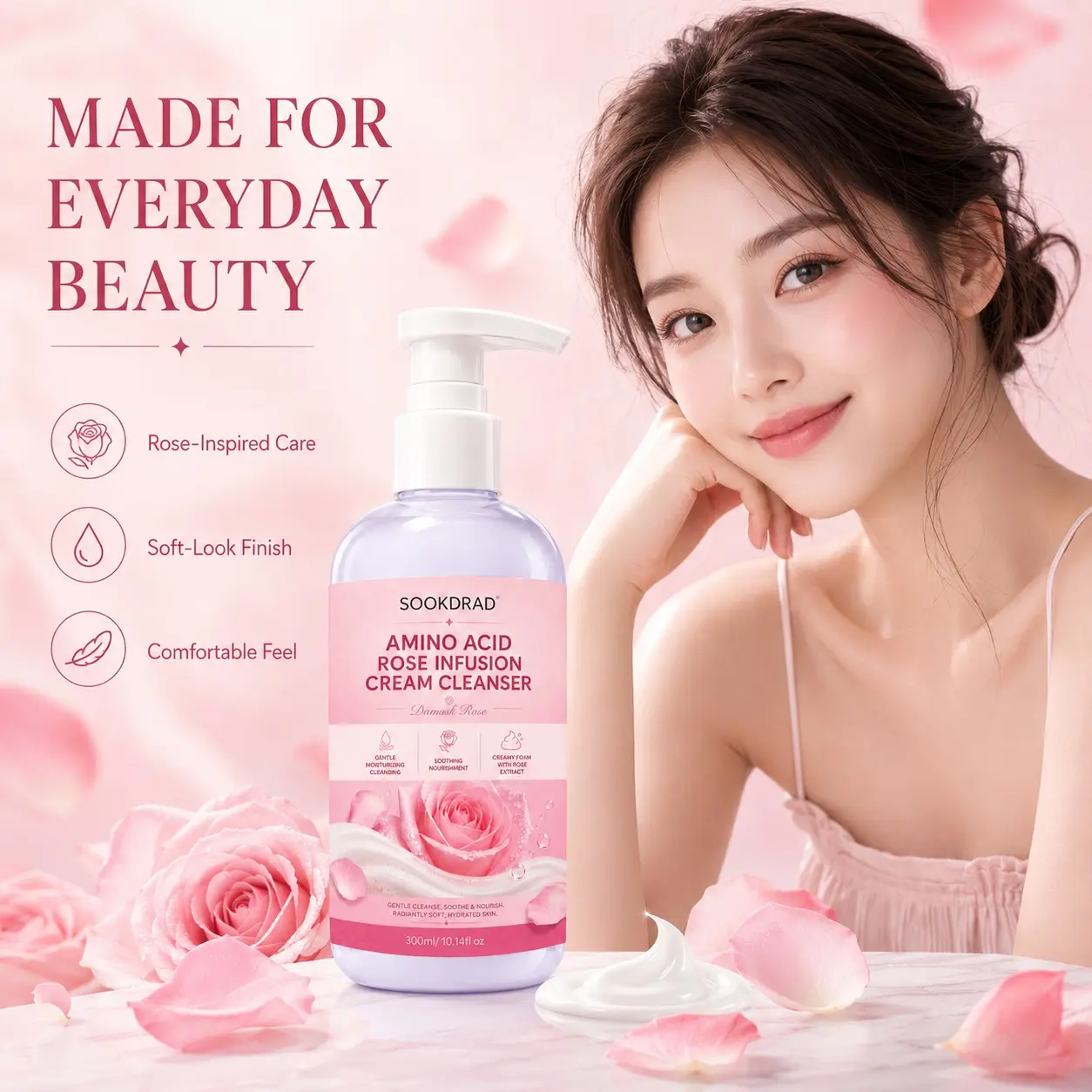 Amino Acid Rose Infusion Cream Cleanser, Damask Rose, Rose Extract, Gentle Moisturizing Cleansing, Soothing Nourishment, Creamy Foam, Facial Cleanser, Soft Hydrated Skin, 300ml/10.14fl oz