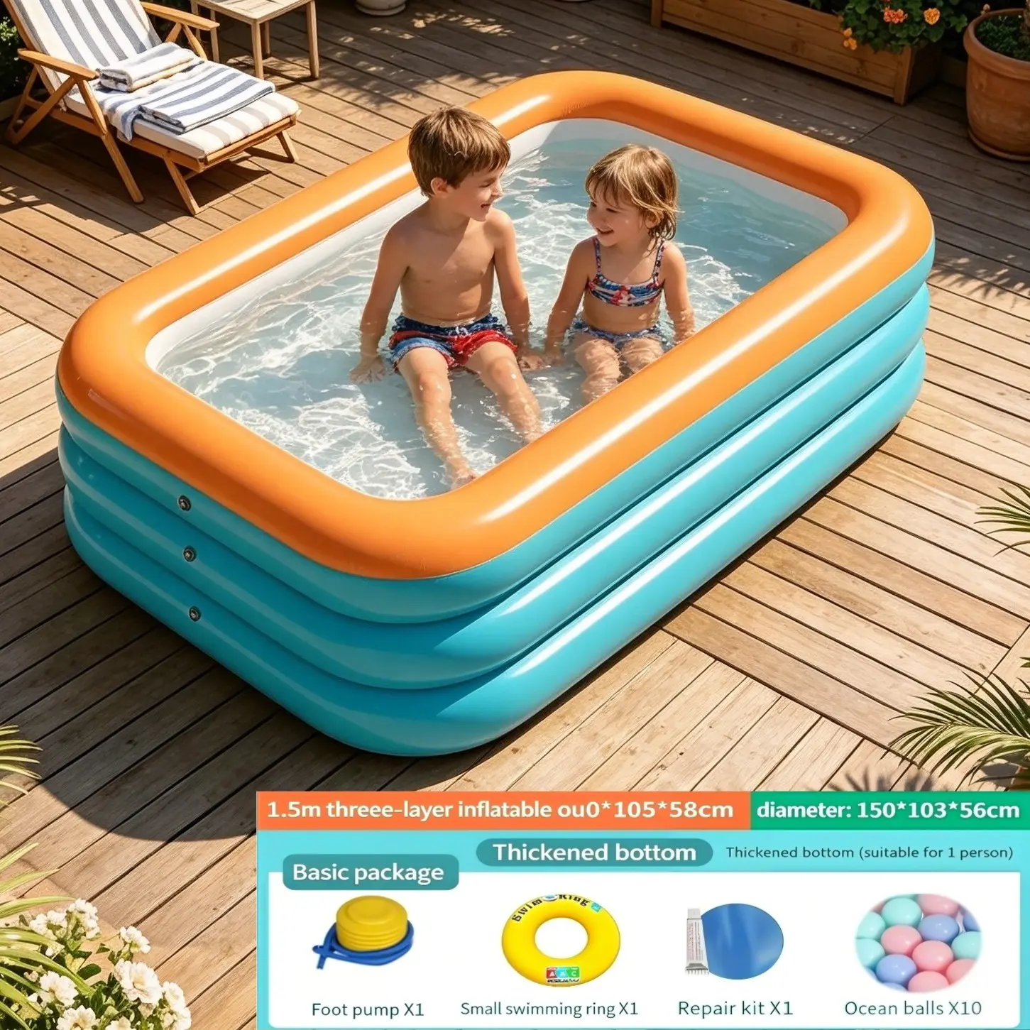 59in 3-Layer Thickened Inflatable Pool 594122in, Rectangular Blow Up Kiddie Swimming Tub for Backyard Camping Outdoor Family Water Play, Tear Resistant PVC Pool with Free Complete Accessories