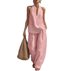 Women's 2-Piece  V-Neck Backless Top & Cool, Comfortable, Thin Wide-Leg Pants Set