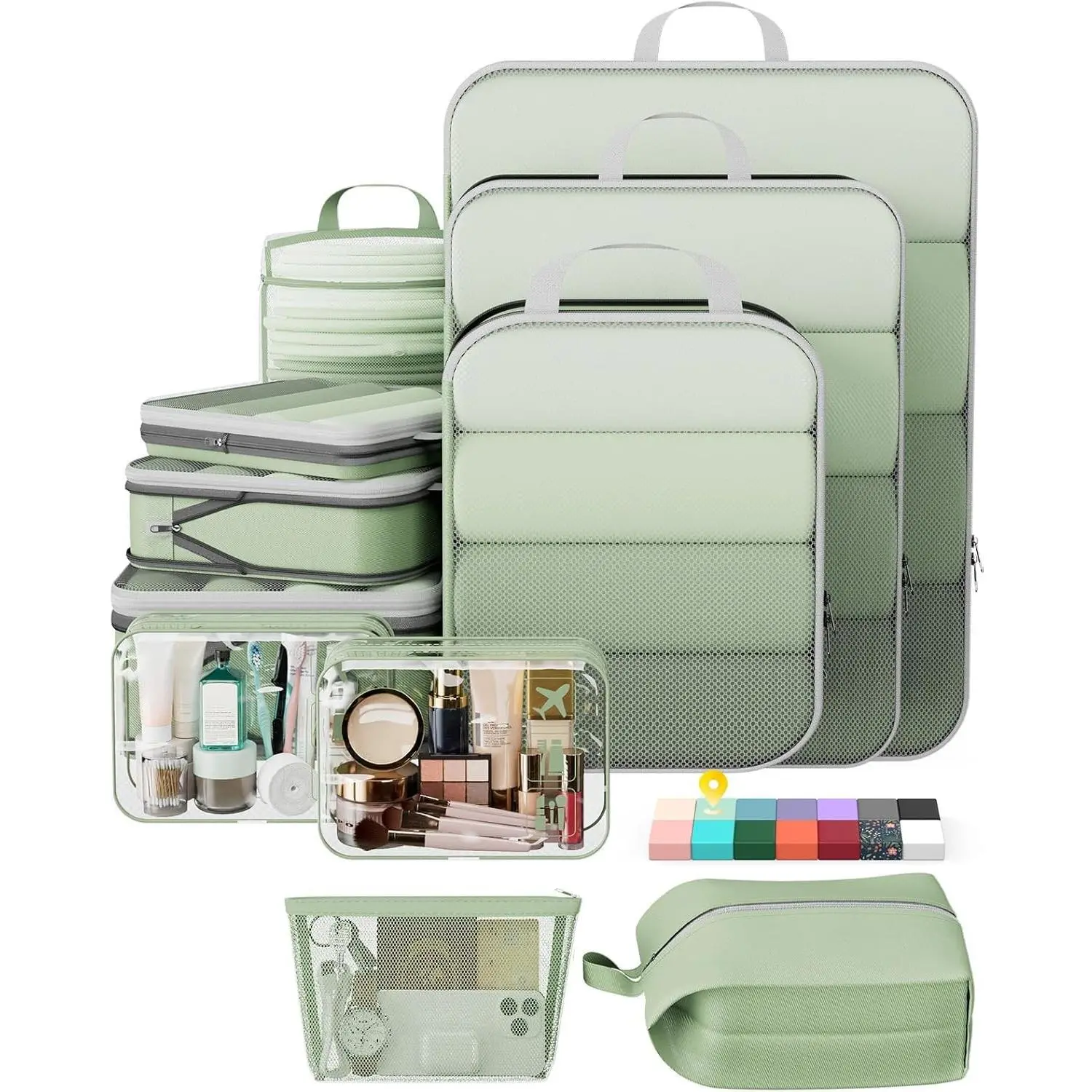 11-Pack Large Rectangular Compression Packing Cube Set - Compressible Expandable Luggage Organizer for Travel Essentials, Durable Space Saver with Toiletry & Shoe Holders (Matcha Green)
