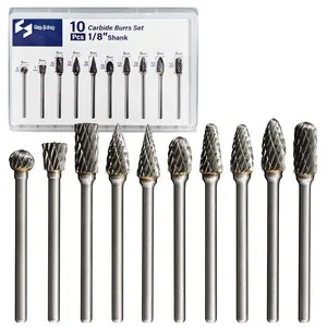 10 count Carbide Burr Bits Set 1/8" Shanks for  Rotary Tool Accessories with Double-Cut   Bits for Metal  Stone Polishing  Working Carving Porting with Clear Storage Case