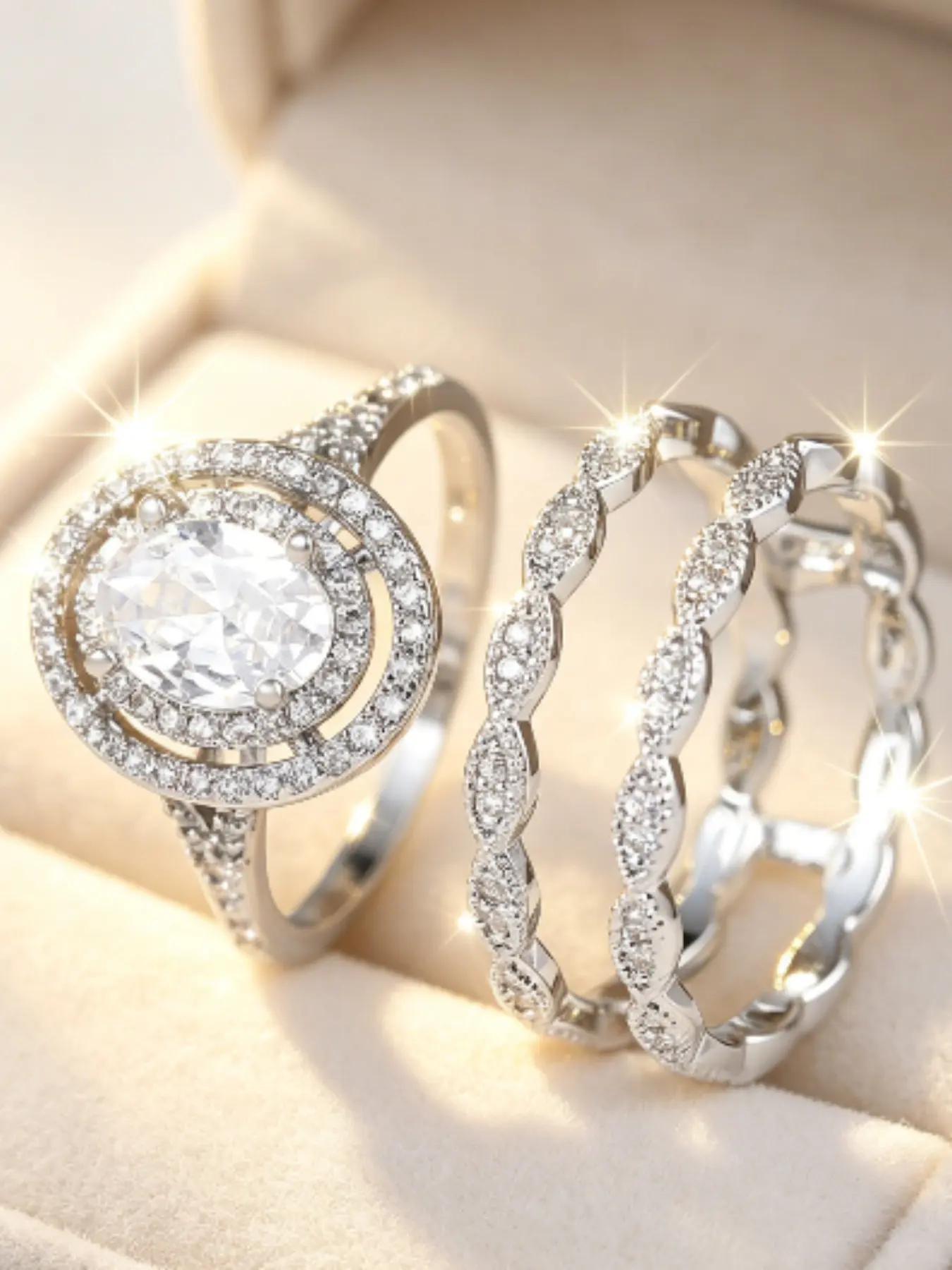Super Large Shimmering Synthetic Oval Zircon Three-Piece Elegant Ring Set, Birthstone Engagement Ring, Luxurious Fashion Classic, Perfect for Weddings, Parties, Dates, Holidays