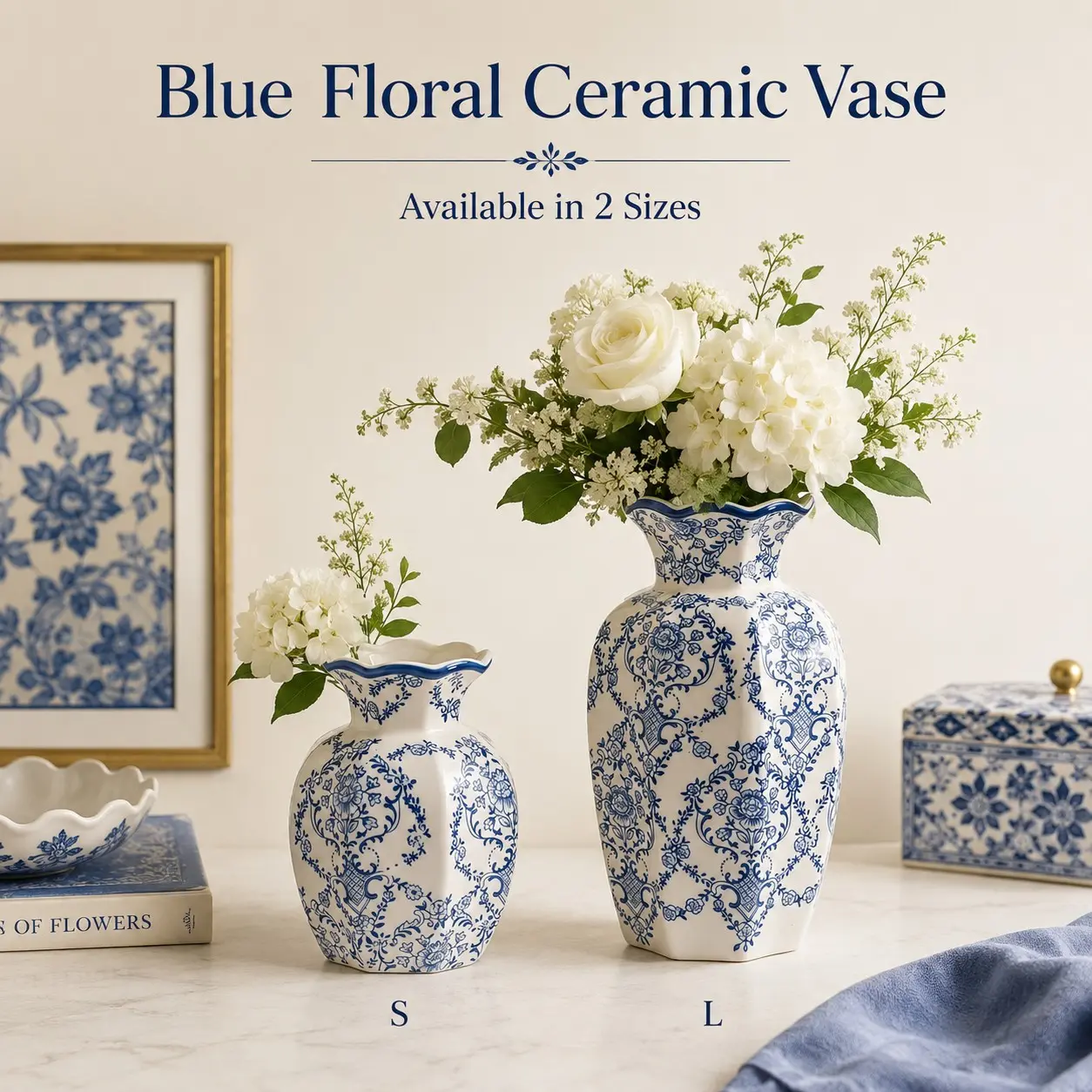 Eastern Zen Blue Floral and Porcelain Vase Set, Octagonal Home Decor Flower Arrangement, Elegant Hand-Painted Ceramic Decorative Desktop Ornament
