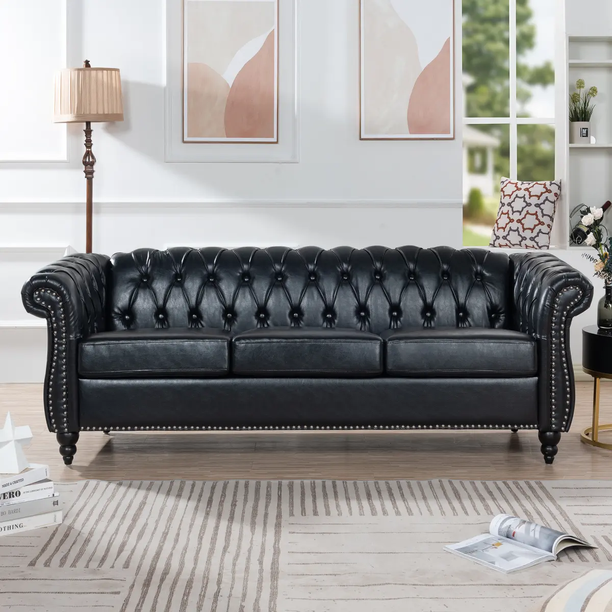 84.65" BLACK PU Rolled Arm Chesterfield Three Seater Sofa. WL