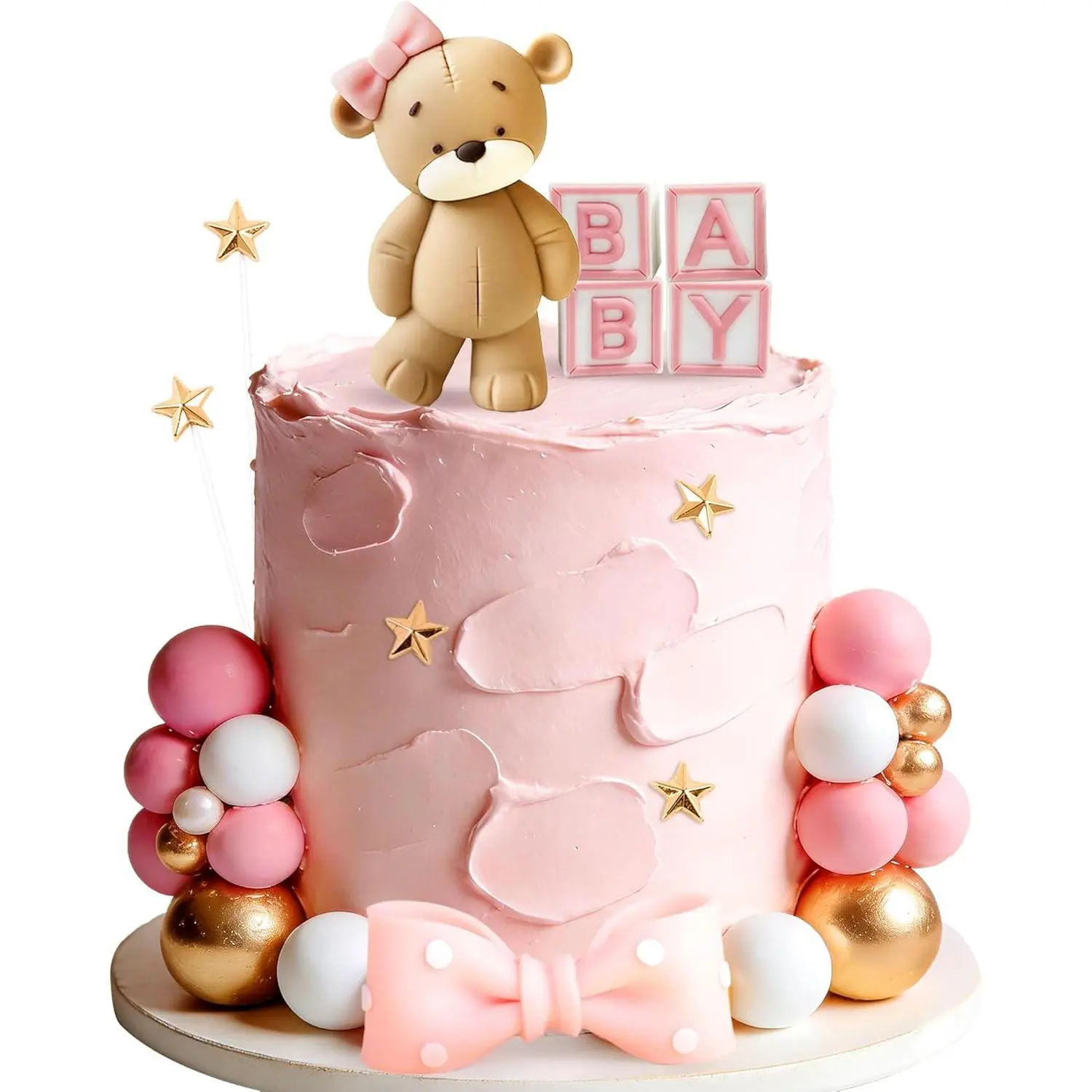 Pink Bear Polka Dot Cake Ornaments Set - Topper Included, Baby Shower & Birthday Cake Decorating Supplies Kit for Home Festive Party Use