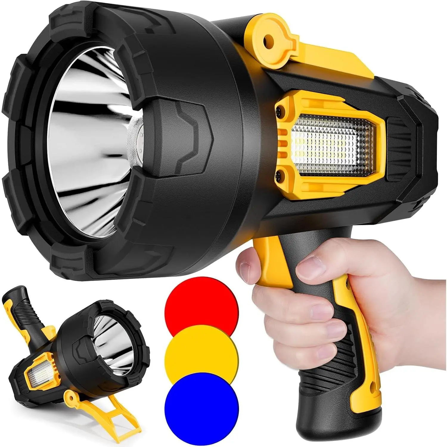 Rechargeable Spotlight, 2000000 Lumens Super Bright LED Flashlight with COB Light & Foldable Tripod, Long Runtime Handheld Spotlight for Hunting Boating OutdoorGift