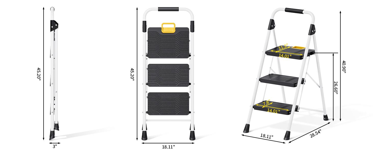 3 Step Folding Ladder, 800lbs Capacity Step Stool with Safety Lock, Non-Skid Wide Pedals, and Handrail, Lightweight, Household Ladder for Home, Kitchen, Pantry, Closets, and Office Use, White