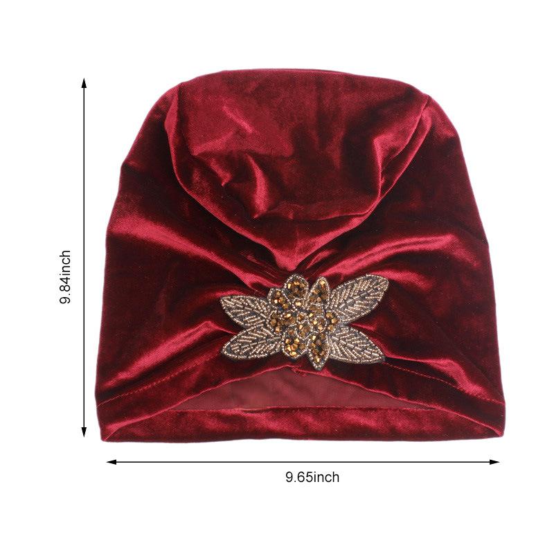 Velvet Pleated Turban Hat with Beaded Flower, Soft Hair Loss Bonnet for Women