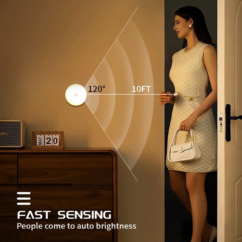 3-Piece LED Motion Sensor Rechargeable Night Light, Home Decor Lighting, Round Night Lighting, Ideal for Bedroom, Kitchen, Hallway, Closet, Bedside, Office Space