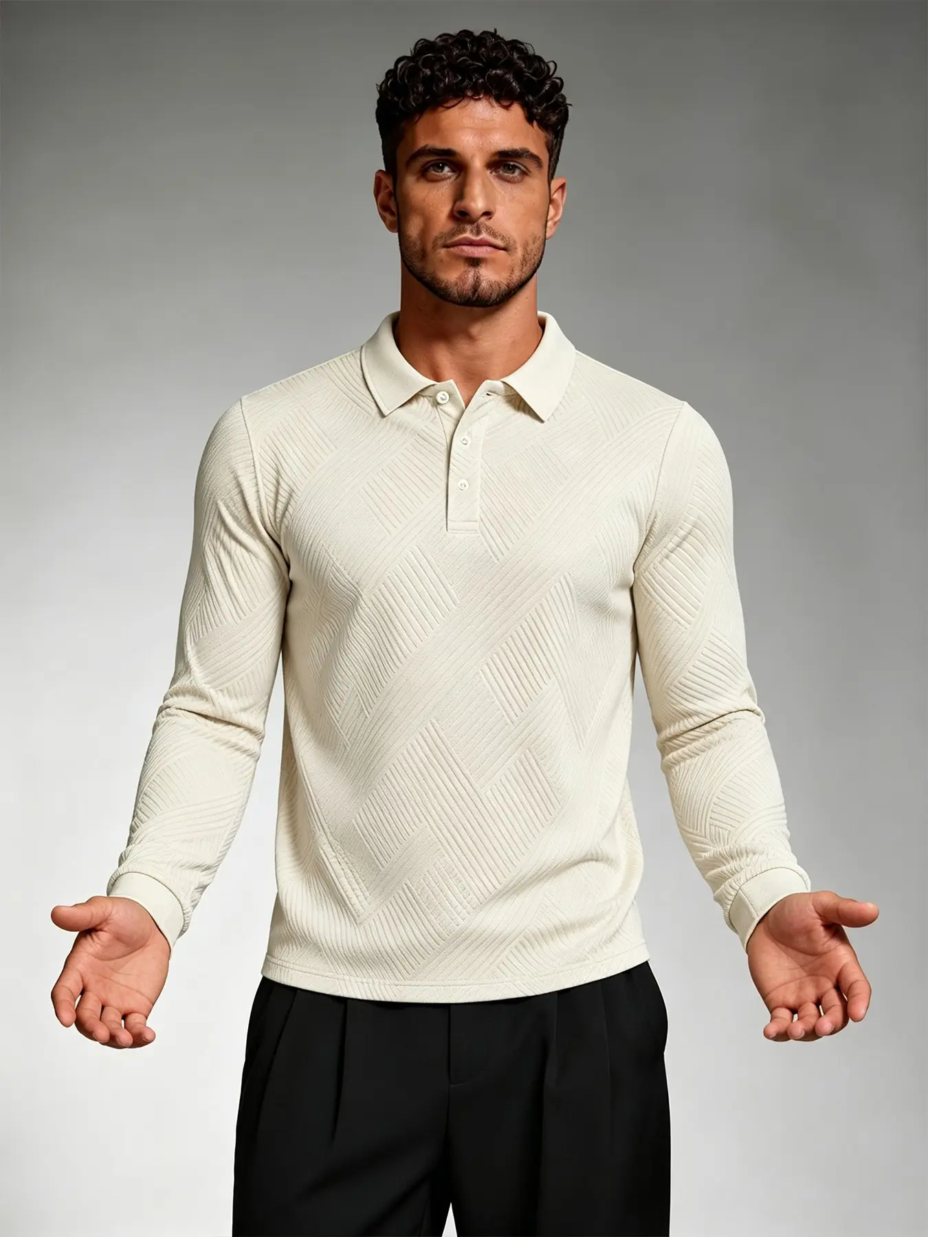 Men's Textured Jacquard Long Sleeve Polo Shirt, Button Placket Collared Top, Ideal for Golf, Office, Business, Smart Casual Wear