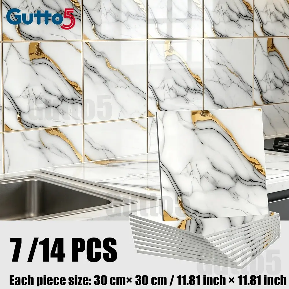 Boxed self-adhesive marble pattern wallpaper, Decorative wallpaper, 11.8 inches x 11.8 inches square per piece, 7 pieces/14 pieces per box, marble pattern wall decoration sticker, moisture-proof and easy to clean, suitable for kitchen, bathroom